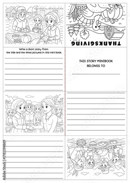 Fototapeta Creative Thanksgiving story writing minibook craft for grades 2–4! Includes fun prompts, coloring templates, and ELA writing activities. Perfect for classroom or homeschool fall projects.