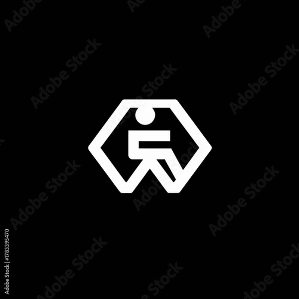 Fototapeta Abstract white logo of a person in a wheelchair inside a geometric shape, set against a black background.