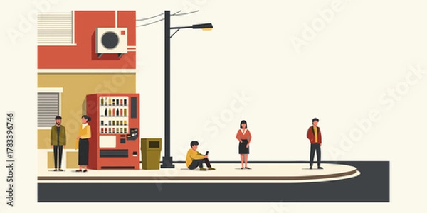 Fototapeta A modern vector illustration depicting diverse people waiting and social distancing on an urban city street corner sidewalk