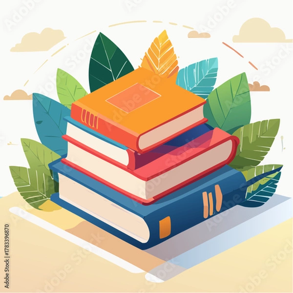 Obraz Stack of colorful books with green leaves and sunshine effect illustration