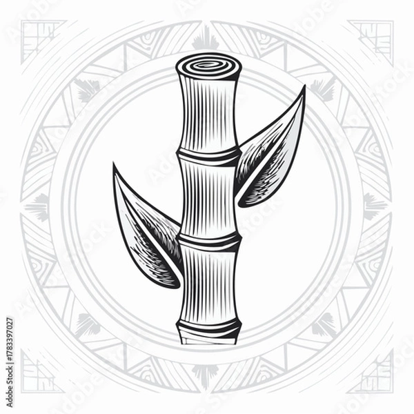Obraz Stylized bamboo stalk illustration with leaves inside an ornamental circular frame