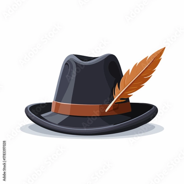 Obraz Stylized black fedora hat with feather illustration on white background