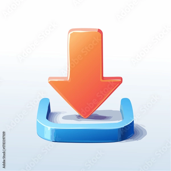 Obraz Stylized download icon with orange arrow and blue base on white backdrop