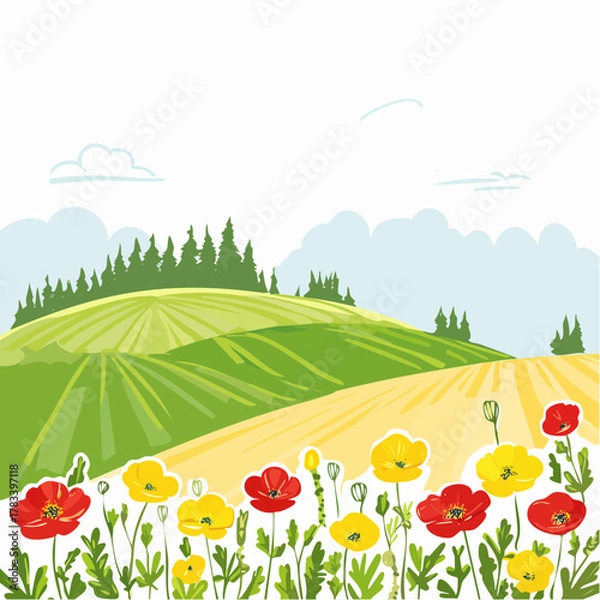 Obraz Stylized field landscape with colorful flowers and rolling hills illustration