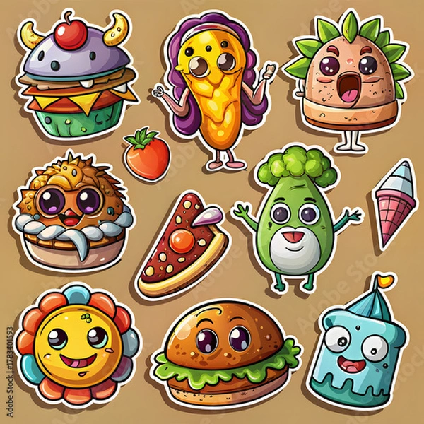 Fototapeta Collection of whimsical, anthropomorphic food characters, each with unique expressions and features, set against a warm brown background