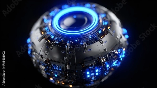 Fototapeta Intricate Futuristic Metallic Sphere with Glowing Blue Lights Against Dark Background