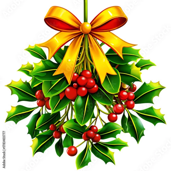 Fototapeta Christmas Mistletoe with Red Berries and Ribbon Illustration for Holiday Decoration Design on transparent background