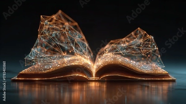 Fototapeta Open book with digital network emerging, symbolizing knowledge and technological advancement concept.