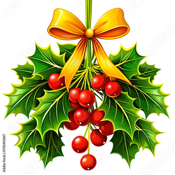 Fototapeta  Elegant Christmas Mistletoe Illustration with Yellow Ribbon and Green Leaves for Holiday Decoration Isolated on Transparent Background