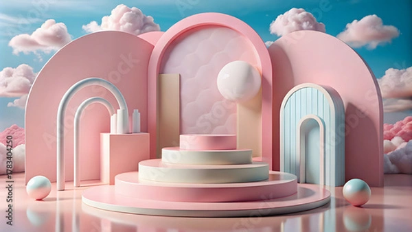 Fototapeta minimal scene with podium and clouds for product display