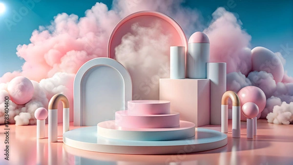 Fototapeta abstract background with podiums and pastel pink clouds