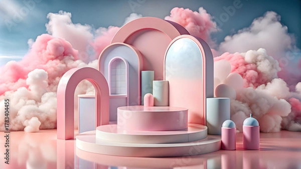 Fototapeta overall composition is playful and imaginative, blending elements of architecture and confectionery in a fantastical setting against a blue sky with clouds, creating a magical and surreal environment