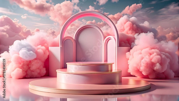 Fototapeta abstract background, round podium for product presentation with smoke, clouds and arch, minimal scene