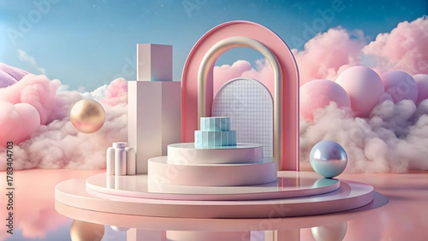 Fototapeta abstract minimal scene with podiums, pedestals and clouds in the sky