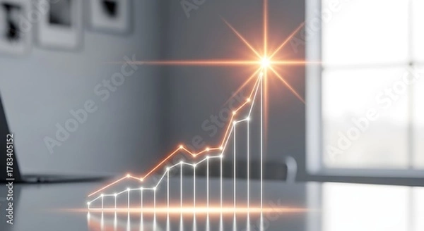 Fototapeta Glowing digital growth chart with shining success peak in office