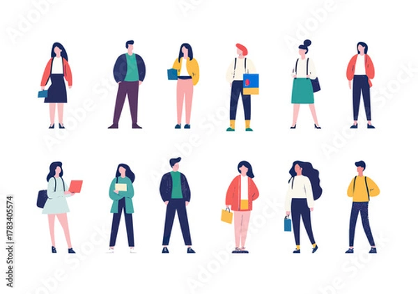 Fototapeta Diverse group of business people standing in casual and professional attire holding folders bags and coffee in flat minimalist style vector illustration