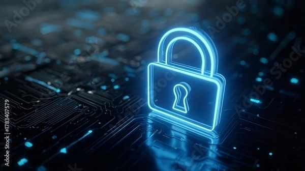 Fototapeta Futuristic Blue Padlock Illuminates Computer Circuitry Background for Digital Data Security.