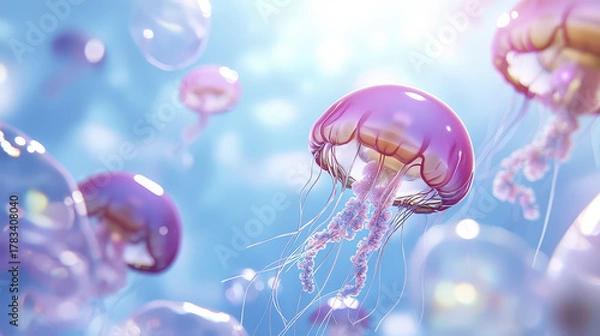 Fototapeta Vibrant jellyfish floating gracefully serene underwater environment, showcasing their translucent bodies and delicate
