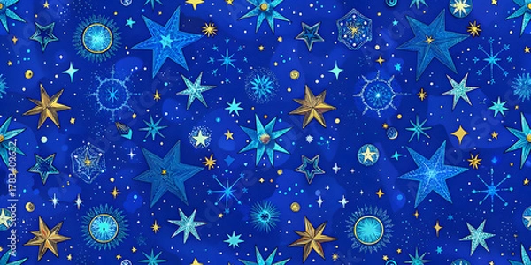 Fototapeta pattern with stars and snowflakes on blue background.