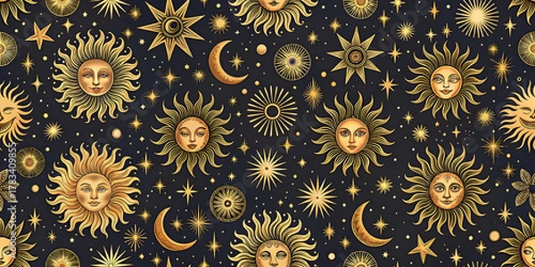 Fototapeta Seamless pattern with sun, moon and stars. illustration.