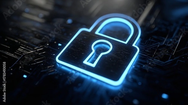Fototapeta Glowing Blue Lock Icon on a Dark Digital Circuit Board Background.