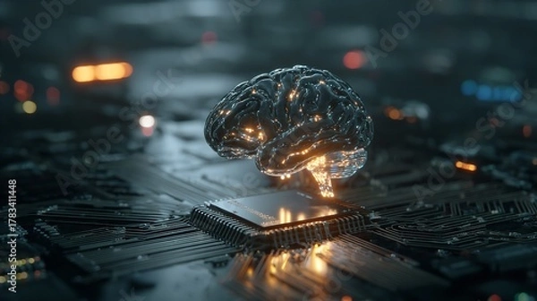 Fototapeta Artificial Intelligence: A Futuristic Brain Connected to a Central Processing Unit on Circuitry