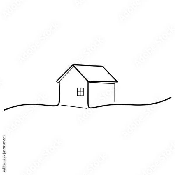 Fototapeta Minimalist Countryside House Line Art Illustration with Simple Landscape and Modern One Line Style