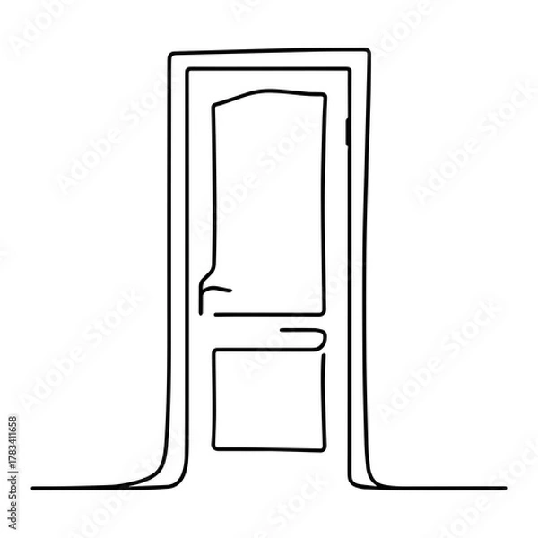 Fototapeta Continuous One Line Drawing of Closed Door and Frame, Minimalist Outline Art of Entrance, Simple Hand Drawn Vector for Security and Opportunity