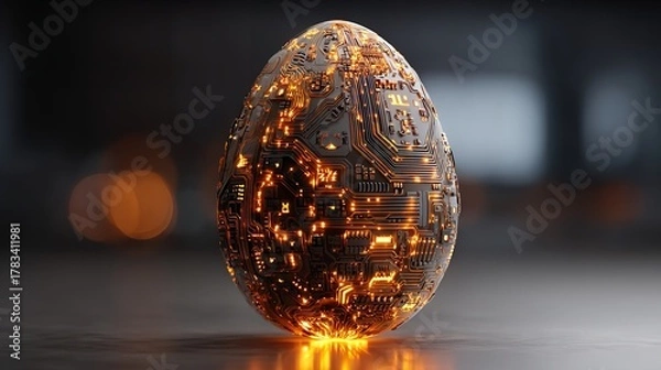 Fototapeta Futuristic Cyberpunk Egg: Digital Circuitry and Glowing Tech Embedded for an Easter Egg.