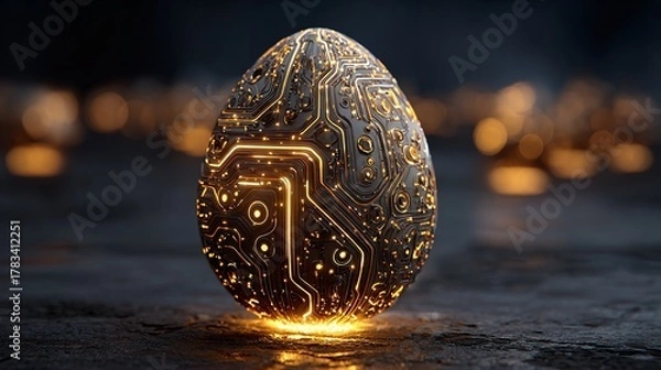 Fototapeta Electronic Circuit Easter Egg with Golden Glow Standing on a Textured Surface