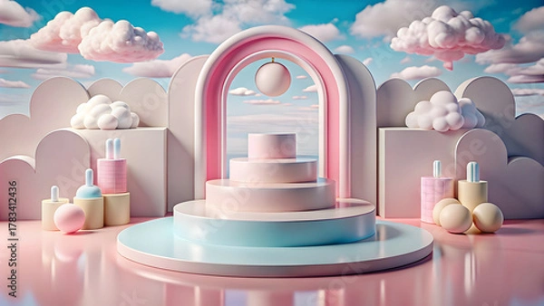 Fototapeta whimsical and colorful scene with a central podium surrounded by various architectural elements and decorative items. 