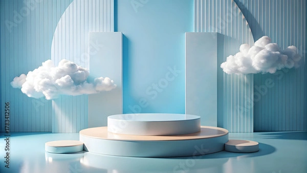 Fototapeta Minimalistic display podium with clouds. mock up