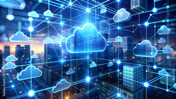Fototapeta futuristic data center environment with a central laptop displaying a world map, surrounded by towering server racks and various digital elements