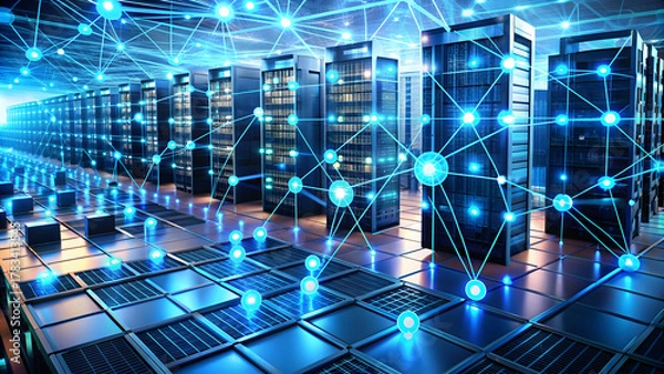 Fototapeta Futuristic server room with blue network hologram over cityscape background