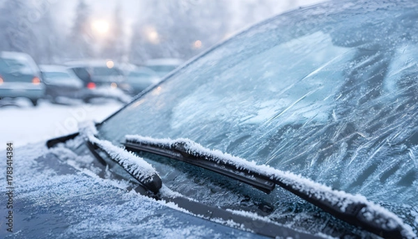 Fototapeta Frozen windshield with snow on a vehicle. Frosted wipers and washer nozzles. Ice-covered automobile surfaces