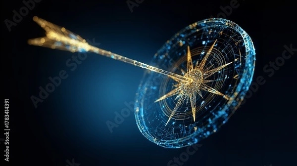 Fototapeta Precision Target: Golden Arrow Hitting Center of Digital Target on Dark Blue Background