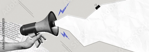 Fototapeta Trendy Halftone Collage Hand with Megaphone and paper cut out space for announcing promotion. Social media communication and adverting. Online news. Contemporary vector illustration art