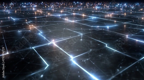 Fototapeta Futuristic Network Grid with Glowing Blue Lines and Orange Nodes on Dark Surface
