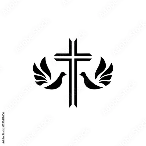 Fototapeta Christian cross with two doves on either side design on transparent background