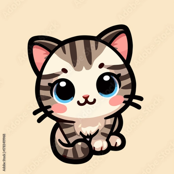 Fototapeta 카와이 고양이 마스코트 로고 – 귀여운 스티커 스타일 벡터 EPS10, 사랑스러운 치비 키티 엠블럼 흰색 배경, 장난기 가득 고양이 브랜드 아이콘