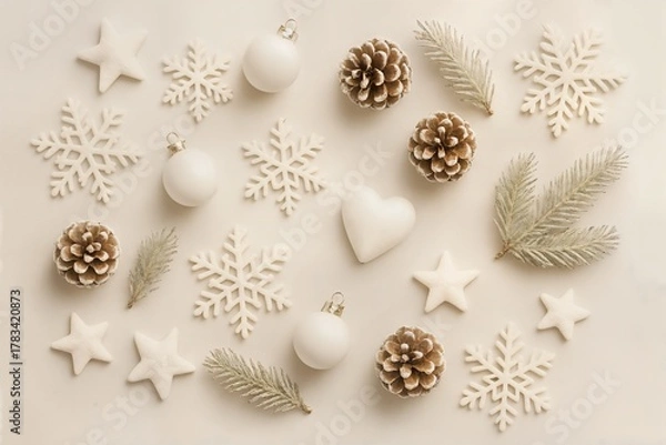 Fototapeta Soft and minimalist flat lay with white Christmas ornaments, pinecones and snowflakes on beige background, cozy winter aesthetic