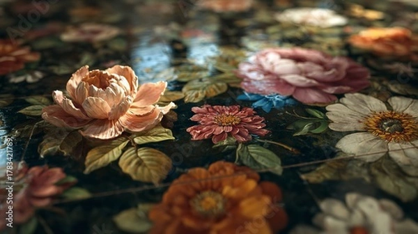 Fototapeta Antique Floral Surface with Peachy Rose Leading to Other Blooms of Many Colors