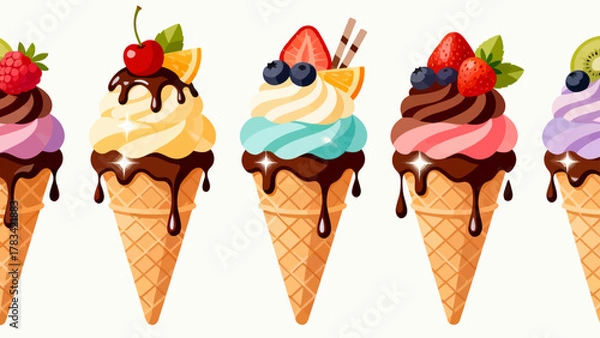 Obraz Ice cream desserts, ice cream cones, cartoon hand-drawn vector illustrations