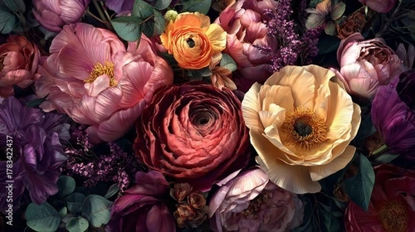 Obraz A Lush Bouquet of Flowers in Romantic Hues with Dark and Moody Lighting