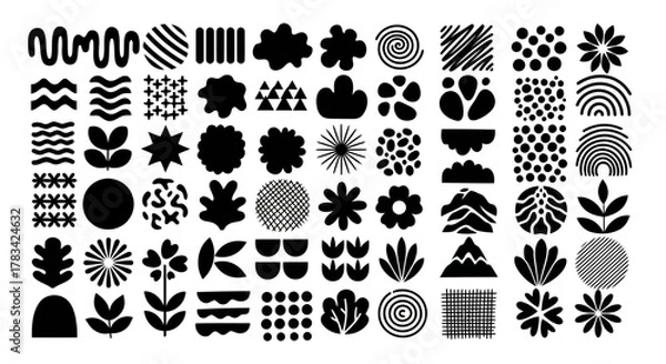 Obraz Collection of diverse abstract black shapes and organic forms including flowers leaves mountains and geometric patterns on white background