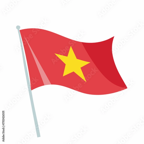 Fototapeta Vector illustration of a waving red flag with a yellow star isolated