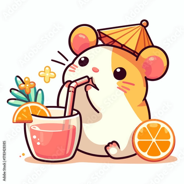 Fototapeta 흰 배경 플랫 스타일 햄스터 빨대 꽂힌 칵테일 마시는 귀여운 일러스트 - 트로피컬 음료 즐기는 사랑스러운 동물 여름 EPS10 벡터