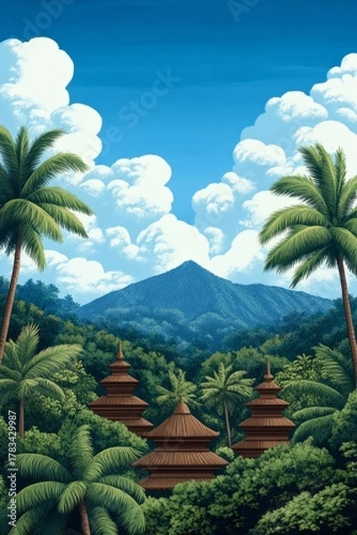 Obraz Lush tropical escape with temple spires nestling beneath azure sky, evoking Nyepi Day serenity and escapist wanderlust