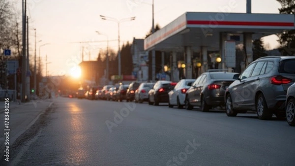 Obraz Serpentine car queue at dawn's quiet gas station, evoking Road Trip Day and symbolizing the serenity of Waiting Day
