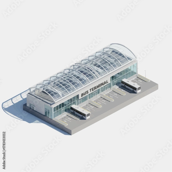 Obraz Isometric 3D Bus Terminal Building Vector – Modern Transport Architecture on White